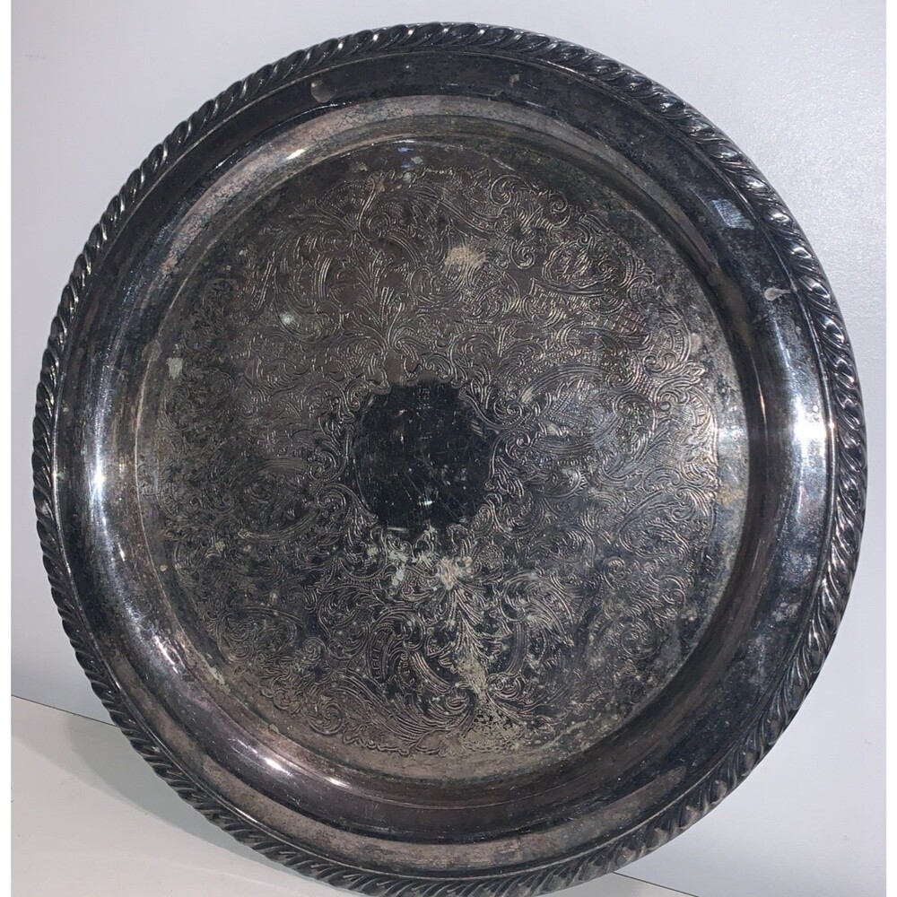 Vtg Oneida Silver Serving Round Platter Tray 12” Etched Floral Scroll Rope Rim